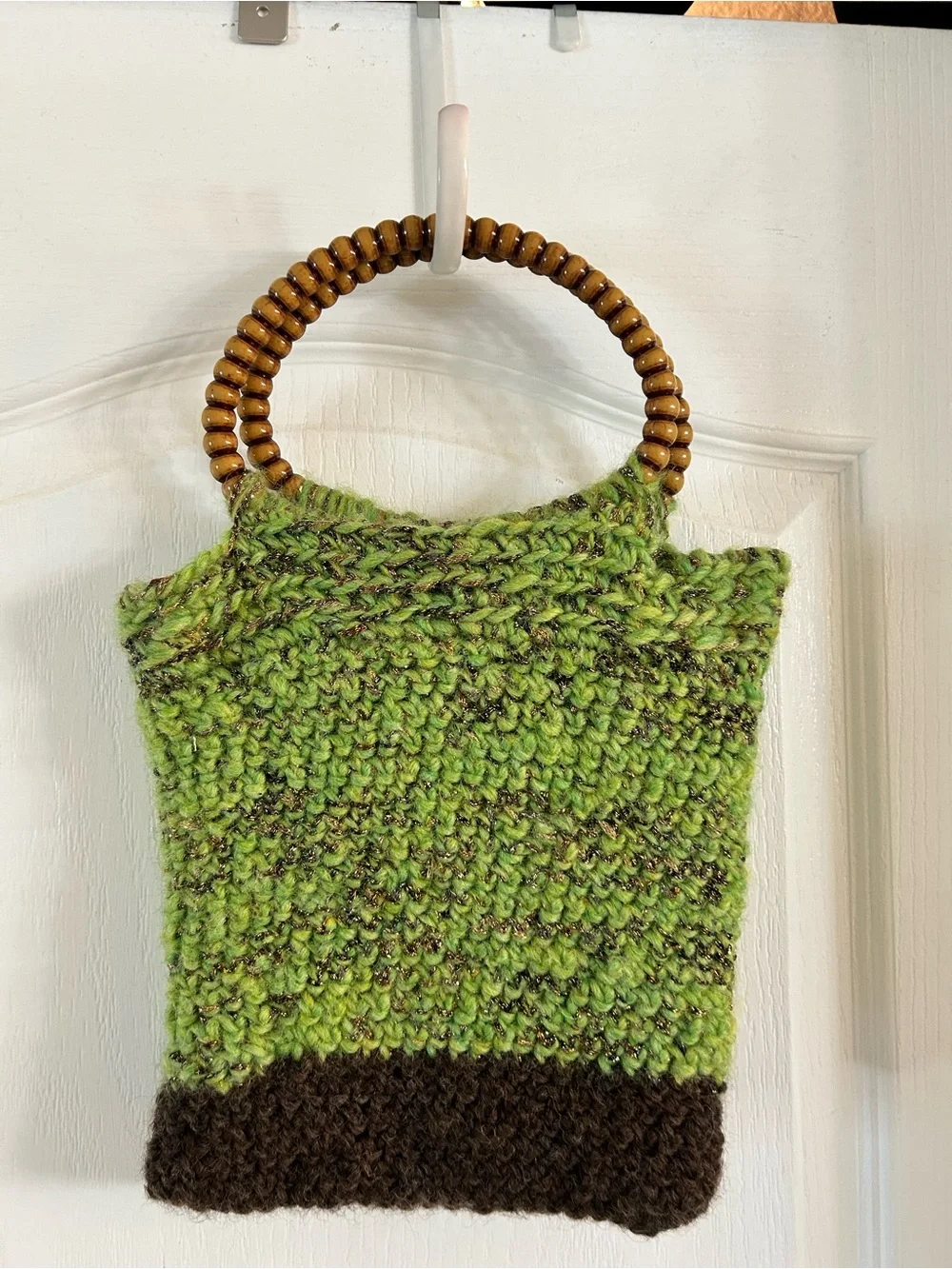 Handmade Green Knit Tote satchel with Wooden Beaded Handles